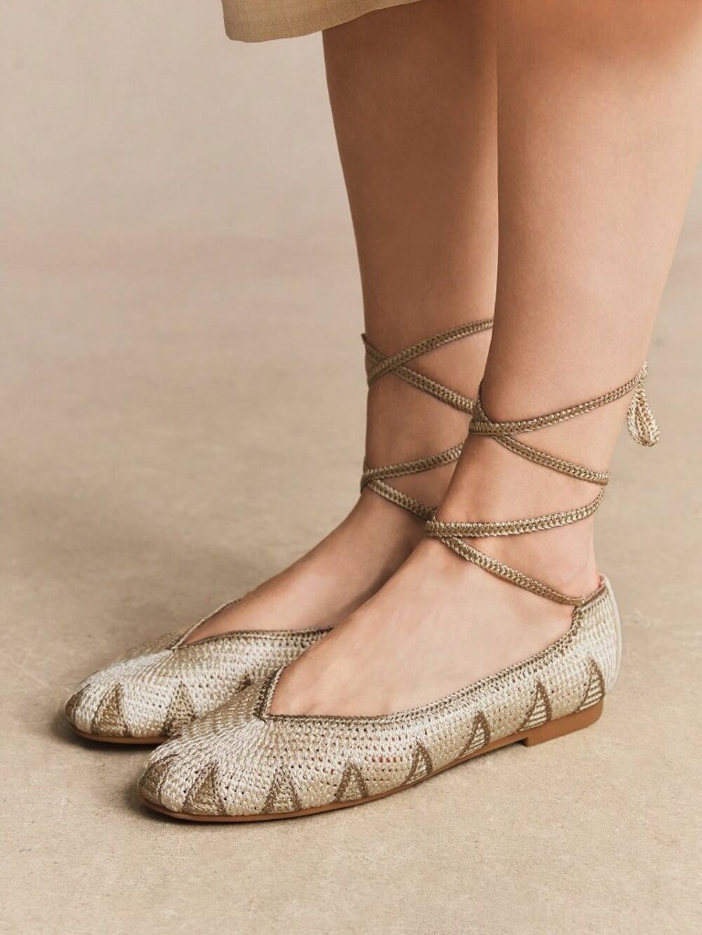 Beige Casual Women's Crochet Multi-Color Ankle Strap Round Toe Flats